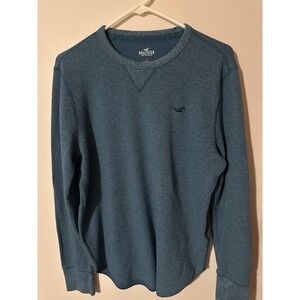 Hollister Mens Long Sleeve Thermal Pullover Crew Neck Logo Blue Henley Sz Large